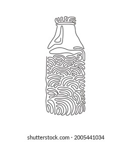 Single continuous line drawing closed glass bottle of natural milk. Bottle of fresh milk cow. Dairy product used in breakfast. Swirl curl style. Dynamic one line graphic design vector illustration