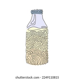 Single continuous line drawing closed glass bottle of natural milk. Bottle of fresh milk cow. Dairy product used in breakfast. Swirl curl style. Dynamic one line graphic design vector illustration