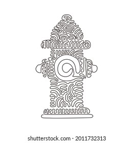 Single continuous line drawing closeup of traditional red fire hydrant. Tool used by firefighters for extinguishing flames. Swirl curl style. Dynamic one line draw graphic design vector illustration