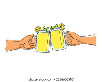 Single continuous line drawing close  up two hands holding lemonade cocktails in glass jars   toasting  Friendly hang out in city park  Summer vacation   picnic  One line draw design vector