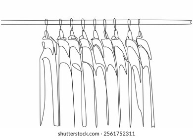 Single continuous line drawing clothes hanger with several shirts of various colors hanging. Ironed, ready to wear. Hang it there are no creases. Get Organized Day. One line design vector illustration