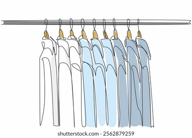 Single continuous line drawing clothes hanger with several shirts of various colors hanging. Ironed, ready to wear. Hang it there are no creases. Get Organized Day. One line design vector illustration