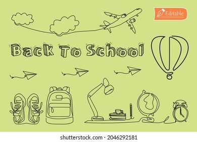 Single continuous line drawing of cloud, aircraft, paper airplane, hot air balloon, shoes, bag, study light, books, pencils, globe, alarm clock, coffee cup. Back to school minimalist style. Education.