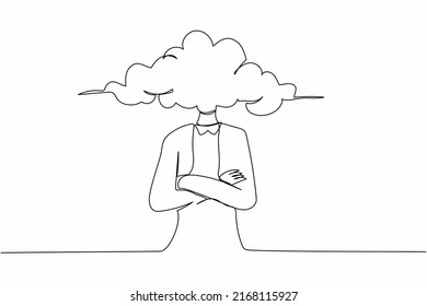 Single continuous line drawing cloud head businesswoman. Woman with empty head and cloud instead. Distracted, daydreaming, absent. Business metaphor. One line draw graphic design vector illustration