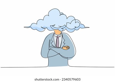 Un empresario de cabeza de nube de dibujo continuo de línea única. Hombre con la cabeza vacía y la nube en cambio. Distracción, soñación despiadada, ausente y poco práctico concepto. ilustración vectorial de diseño gráfico de una línea