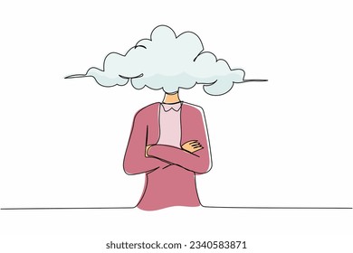 Single continuous line drawing cloud head businesswoman. Woman with empty head and cloud instead. Distracted, daydreaming, absent. Business metaphor. One line draw graphic design vector illustration