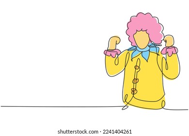 Dibujo de una sola línea con gesto de celebración, con peluca y maquillaje de cara sonriente, entreteniendo a los niños en la fiesta de cumpleaños. Buen desempeño. ilustración vectorial de diseño gráfico de una línea