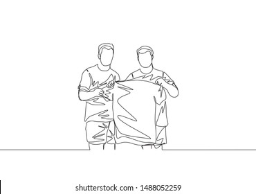 Single continuous line drawing of club manager introduce newly recruited football player at press conference from the transfer window to the fans. One line draw design vector illustration