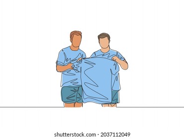 Single continuous line drawing of club manager introduce newly recruited football player at press conference from the transfer window to the fans. One line draw design vector illustration
