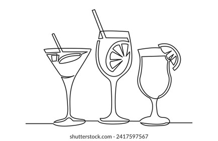 Single continuous line drawing of cocktail.line art exotic cocktail drinks vector doodle.Hand-drawn vector illustration.