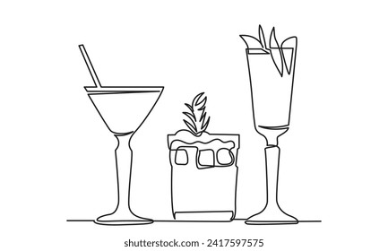 Single continuous line drawing of cocktail.line art exotic cocktail drinks vector doodle.Hand-drawn vector illustration.