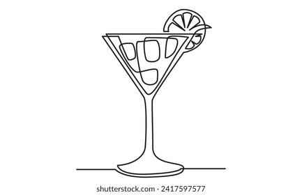 Single continuous line drawing of cocktail.line art exotic cocktail drinks vector doodle.Hand-drawn vector illustration.