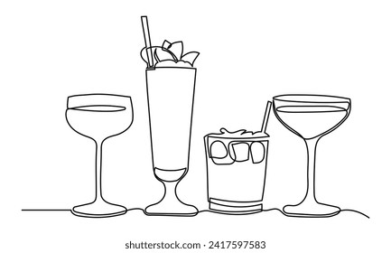 Dibujo de línea continua de coctel.línea arte cóctel exótico bebidas vectorial doodle.Ilustración vectorial dibujada a mano.