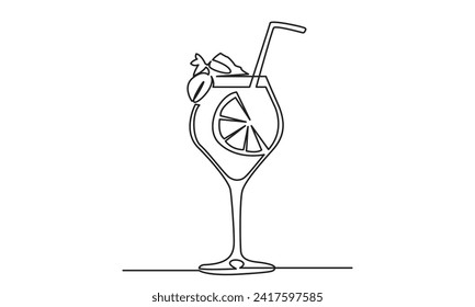 Single continuous line drawing of cocktail.line art exotic cocktail drinks vector doodle.Hand-drawn vector illustration.