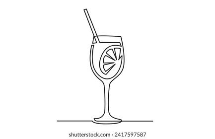 Single continuous line drawing of cocktail.line art exotic cocktail drinks vector doodle.Hand-drawn vector illustration.