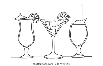 Dibujo de línea continua de coctel.línea arte cóctel exótico bebidas vectorial doodle.Ilustración vectorial dibujada a mano.