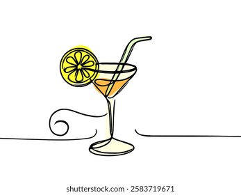  Single continuous line drawing of cocktail.line art exotic cocktail drinks vector doodle.Hand-drawn vector illustration.