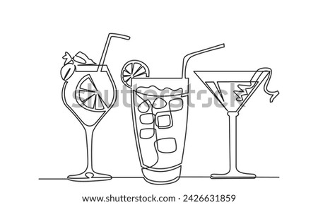Single continuous line drawing of cocktail.line art exotic cocktail drinks vector doodle.Hand-drawn vector illustration.