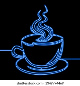 Single continuous line drawing Coffee cup neon blue glow vector illustration concept icon logo