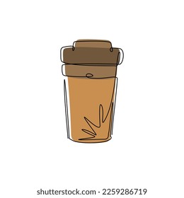 Single continuous line drawing coffee paper cup template with cardboard holder and plastic lid. Disposable takeout cafe package. Takeaway craft pack. One line draw graphic design vector illustration