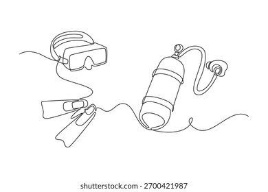 Equipamento de mergulho de coleta de desenho de linha única contínua: máscara, aletas e tanque de ar com regulador, equipamento essencial para exploração subaquática. Ilustração de vetor de design gráfico com desenho de uma linha
