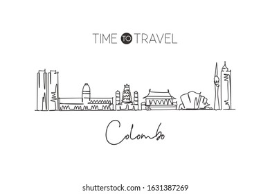 Single continuous line drawing Colombo skyline, Sri Lanka. Famous city scraper landscape home wall decor poster print. World travel destination concept. Modern one line draw design vector illustration