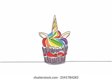 Línea continua única dibujando coloridos cupcakes de melena de unicornio. Invitar el apetito de los niños a comer. Snacks dulces de forma única. Día Nacional del Unicornio - Cupcake. Ilustración vectorial de diseño de una línea