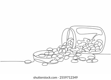 Single continuous line drawing colorful jelly beans placed in a glass jar that fell. Snack that children fight over. Addictive sweet taste. National Jelly Bean Day. One line design vector illustration