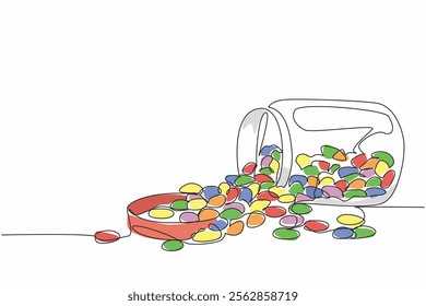 Single continuous line drawing colorful jelly beans placed in a glass jar that fell. Snack that children fight over. Addictive sweet taste. National Jelly Bean Day. One line design vector illustration