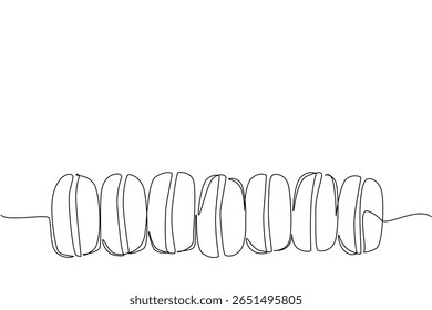 Uma linha contínua desenho macarons coloridos alinhados. Visualizações, como publicidade digital. A comida colorida desperta curiosidade. Dia Nacional de Macaron. Ilustração de vetor de design de uma linha