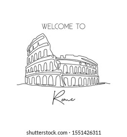 Single continuous line drawing Colosseum amphitheater. Iconic landmark place in Rome, Italy. World travel home decor wall art poster print concept. Modern one line draw design vector illustration