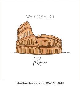 Single continuous line drawing Colosseum amphitheater. Iconic landmark place in Rome, Italy. World travel home decor wall art poster print concept. Modern one line draw design vector illustration