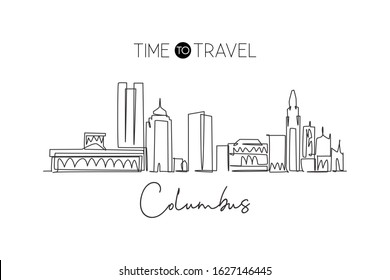 Single continuous line drawing of Columbus city skyline, USA. Famous city scraper and landscape. World travel concept home wall decor poster art print. Modern one line draw design vector illustration