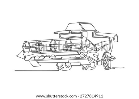 Single continuous line drawing combine harvester, industrial farming. Complex grain tank, agricultural efficiency and large-scale harvesting operation. One line draw graphic design vector illustration