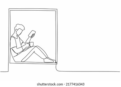 Single continuous line drawing comfortable relaxing at home with smartphone and hot drink. Young man sitting on windowsill with coffee, enjoying rest at home. One line draw design vector illustration