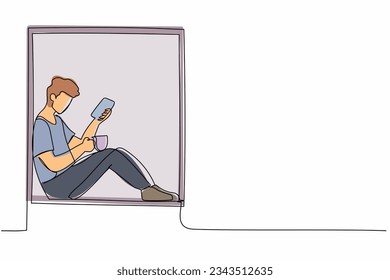 Single continuous line drawing comfortable relaxing at home with smartphone and hot drink. Young man sitting on windowsill with coffee, enjoying rest at home. One line draw design vector illustration