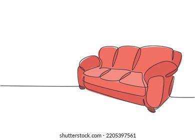 Single continuous line drawing of comfy luxury leather couch household utensil. Elegance sofa for living room home furniture concept. Modern one line draw design graphic vector illustration