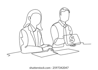 Single continuous line drawing of company staff discussing about finance. Money savings, personal investment, finance, funding, bank deposit, capital accumulation. One line graphic design vector