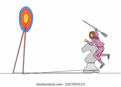 Single continuous line drawing of competitive businesswoman holding dart arrow and aiming target while riding horse chess piece. Success worker achievement. One line graphic design vector illustration