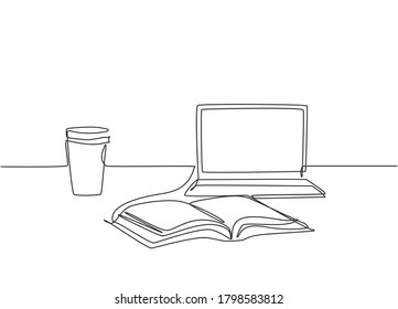 Dibujo de una sola línea continua de ordenador portátil, taza de café de papel y libro abierto sobre mesa de estudio. Concepto de mostrador de estudios universitarios. Ilustración de diseño de una línea