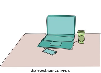 Single continuous line drawing of computer laptop, smartphone, and paper cup of coffee at business office desk. Work space table concept. One line draw vector design graphic illustration