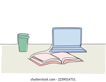 Single continuous line drawing of computer laptop, paper cup of coffee and open book on study table. College student study desk concept. One line draw design illustration