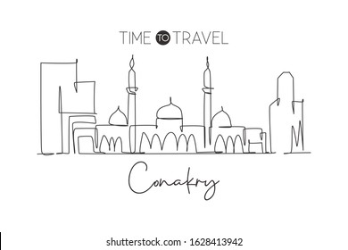 Single continuous line drawing of Conakry city skyline, Guinea. Famous city scraper and landscape wall decor home ar poster print. World travel concept. Modern one line draw design vector illustration