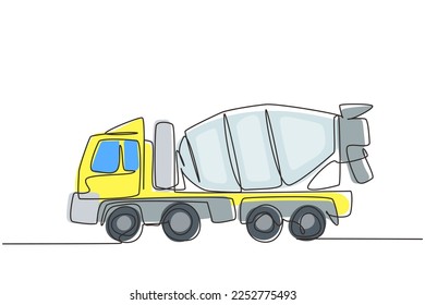 Single continuous line drawing Concrete mixer truck with view from side. Heavy automobile. Auto in flat design. Children's toy mixer truck. Dynamic one line draw graphic design vector illustration