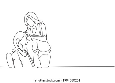Single continuous line drawing confident young woman is looking at her reflection. Glowing beauty with new hairstyle at salon. Hair style concept. One line draw graphic design vector illustration