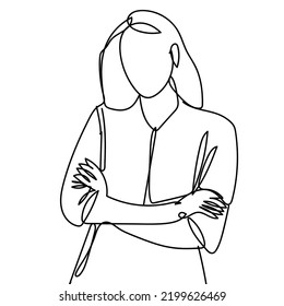 Single continuous line drawing confident woman and smile  keeping arms crossed  Career woman standing and folded arms pose  One Line draw vector design