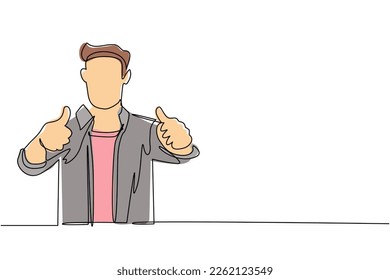 Single continuous line drawing confident businessman thumbs up. Excited business man dressed in casual wear showing thumbs up sign. Deal, like, agree, approve, accept. One line draw design vector