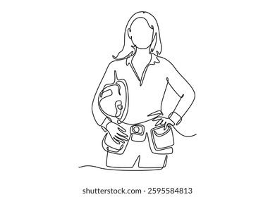 Single continuous line drawing confident woman builder standing with tools belt and holding hard hat in hands. Female construction worker in worksite. One line draw graphic design vector illustration