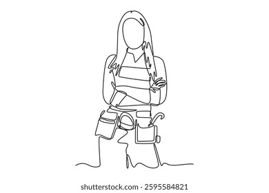 Single continuous line drawing confident women carpenter standing in workshop. Female carpenter entrepreneur working with furniture tool in workbench. One line draw graphic design vector illustration