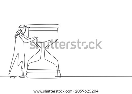 Single continuous line drawing confident young Arabian businessman hugging on huge hourglass. Time management or successfully task organizing concept. One line draw graphic design vector illustration